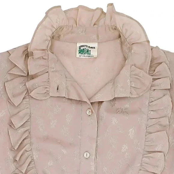 Vintage Tan Leaf Bib Ruffle Blouse Size Medium Short Puff Sleeve Summer Top - Picture 2 of 4